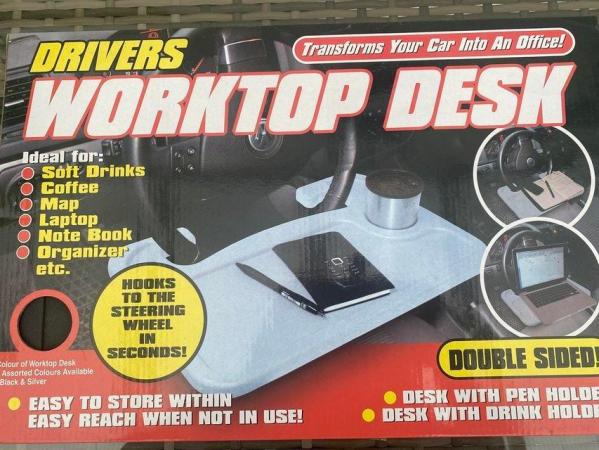 Image 1 of Black worktop desk clips onto steering wheel
