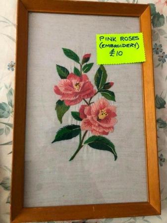 Image 1 of Framed embroidery of pink roses