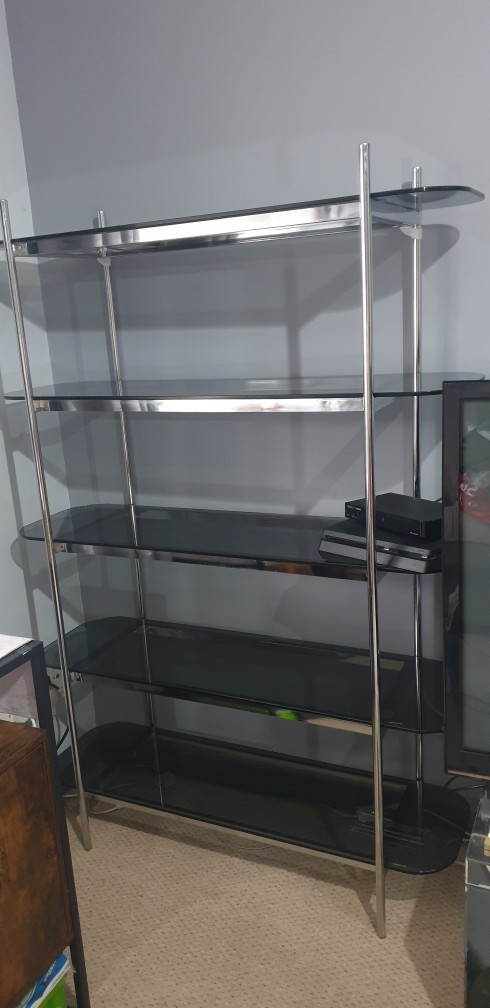 Preview of the first image of Chrome glass standing shelf unit.