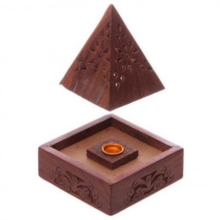 Image 3 of Pyramid Sheesham Wood Incense Cone Box with Fretwork. .