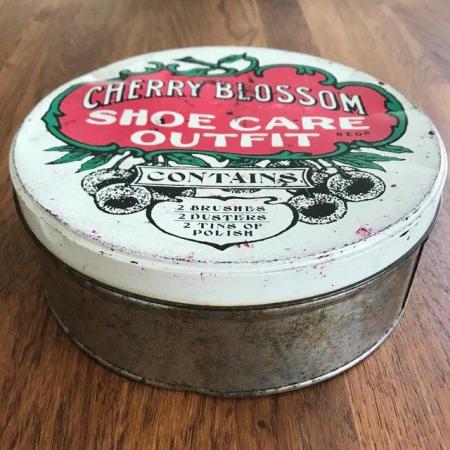 Image 3 of Large vintage Cherry Blossom Shoe Care Outfit tin, empty