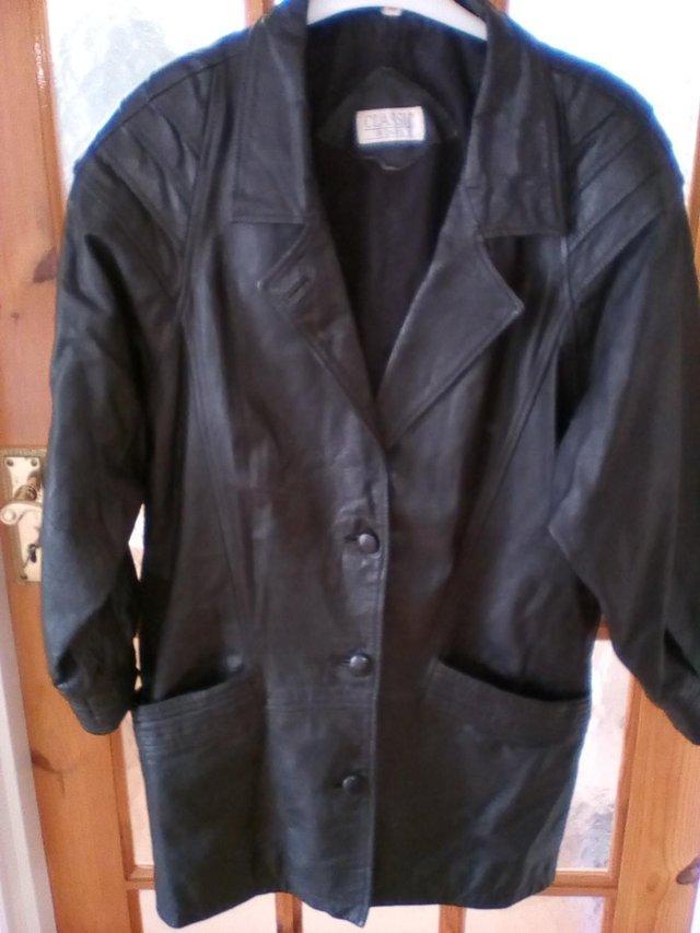 Preview of the first image of BLACK REAL LEATHER 3/4 COAT - JACKET Size 12/14 – Pre-owned.