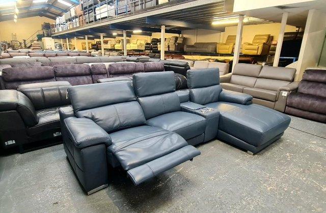 Image 8 of Laurence Smoke blue leather electric recliner chaise sofa