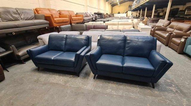 Image 2 of New Fellini blue leather pair of 2 seater sofas