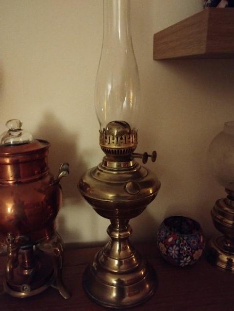 Preview of the first image of Lovely 22 inch tall duplex oil lamp with clear chimney.