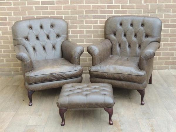 Image 4 of Pair of Cockburn Chesterfield Armchairs + Footstool (UK Deli