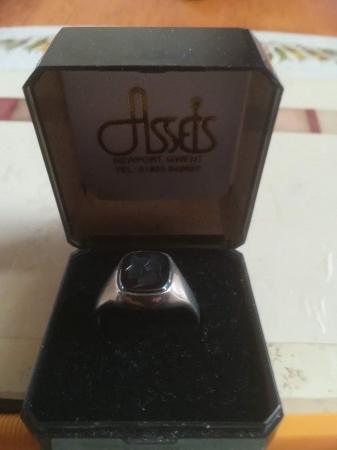 Image 1 of mens silver signet ring head figure in black