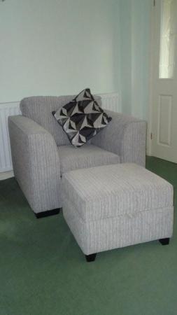 Image 1 of For Sale - Grey Stripe Armchair and Storage Footstool