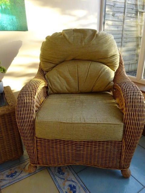 Preview of the first image of LARGE HIGH BACKED WICKER CHAIR WITH QUALITY CUSHIONS.