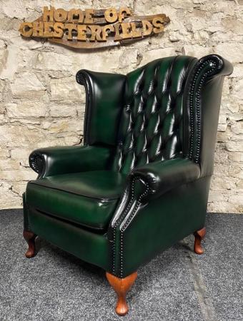 Image 3 of Queen Anne Wingbacked Armchair Green Leather