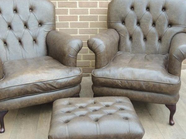 Image 5 of Pair of Cockburn Chesterfield Armchairs + Footstool (UK Deli