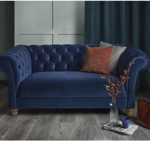 Image 1 of **NOW SOLDMontgomery Style Blue Velvet 2 Seater & Love chair
