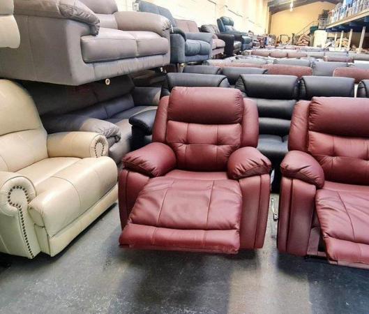 Image 8 of La-z-boy El Paso red leather manual sofa, chair and puffee