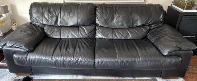 Image 2 of Three Seater Black Real Leather Sofa