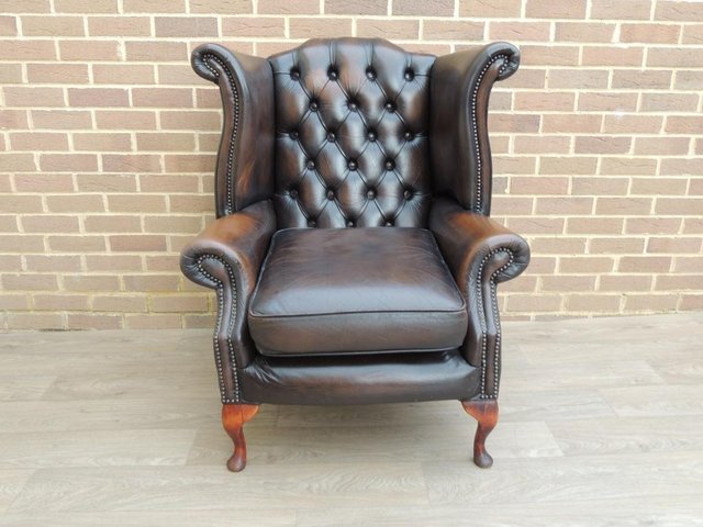 Preview of the first image of Queen Anne Golden Brown Armchair Chesterfield (UK Delivery).