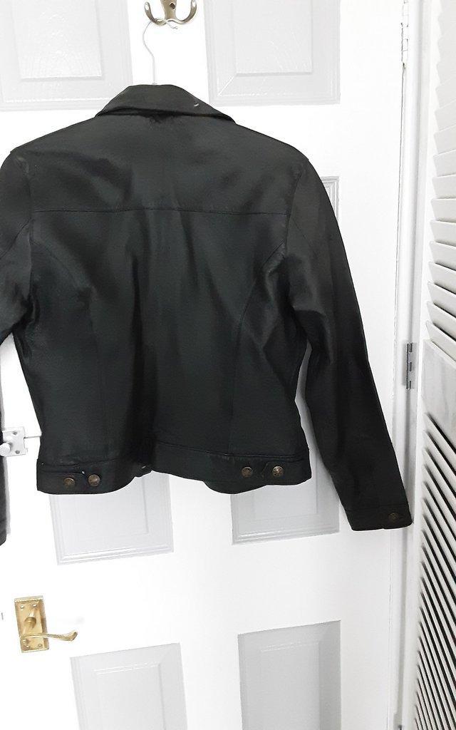 Preview of the first image of Modern classics black leather "denim style" jacket.
