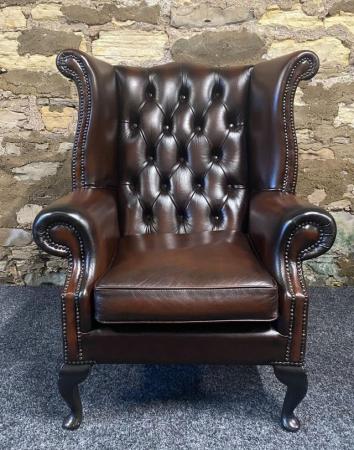 Image 9 of Queen Anne Wingbacked Armchair Brown Leather x 2