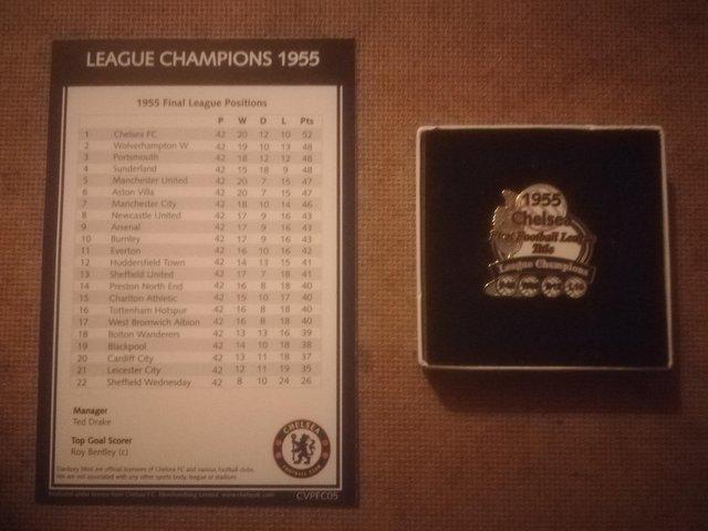 Preview of the first image of 1955 Chelsea league champions victory pin.