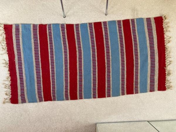 Image 3 of Hand woven wool rug in red, blue & grey 150 x 75cm + tassels