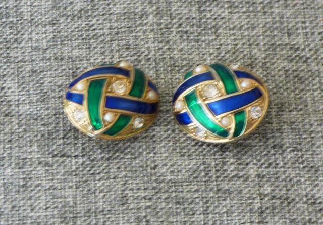 Preview of the first image of BEAUTIFUL GREEN AND BLUE ENAMEL CLIP ON EARRINGS.