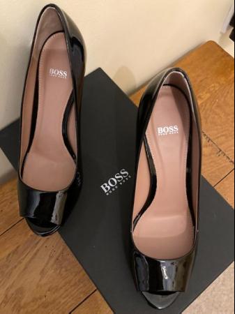 Image 1 of Hugo Boss new Elle open Toe shoes Black patent UK 4