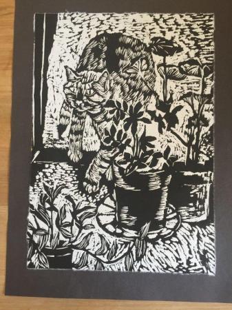 Image 1 of Woodcut of a Cat, Window Sill Cat 1982 by Jenny Fell