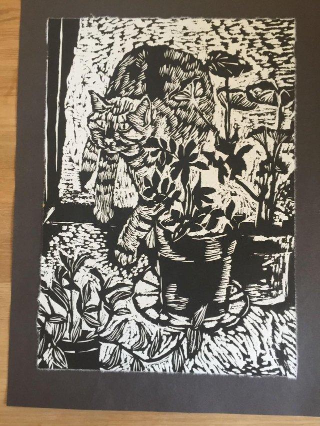 Preview of the first image of Woodcut of a Cat, Window Sill Cat 1982 by Jenny Fell.
