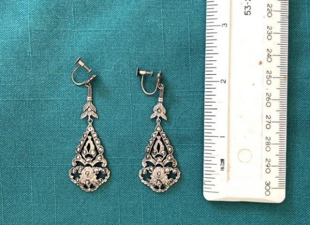 Image 1 of Vintage Indian Silver Long Drop Clip on Earrings