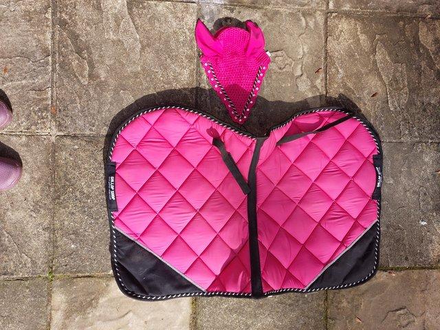 Preview of the first image of Pink Gallop Shop Saddle Pad and Ear Bonnet set.