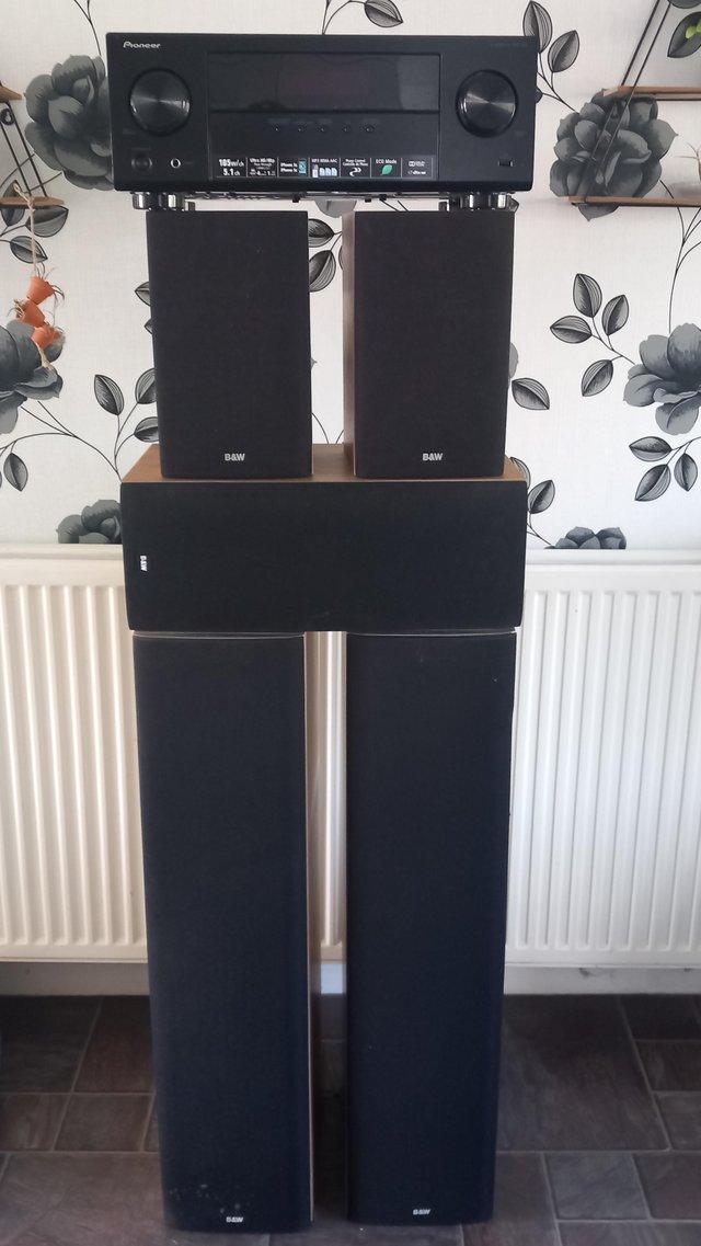 Preview of the first image of Bowers & Wilkins surround speakers with amp and stands.