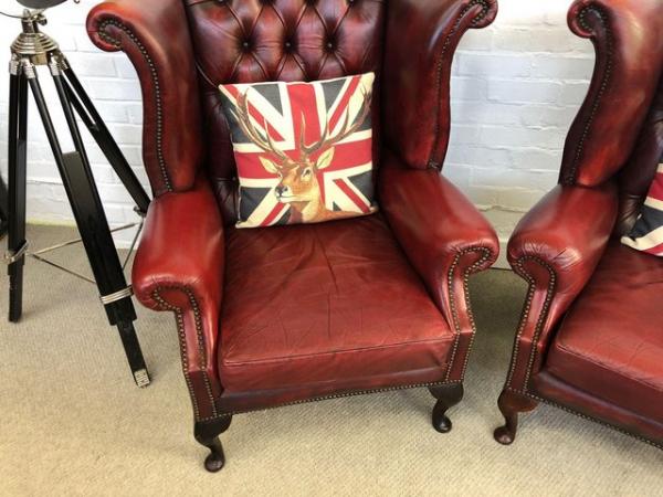 Image 3 of Pair vintage Oxblood Queen Anne chesterfield armchairs.