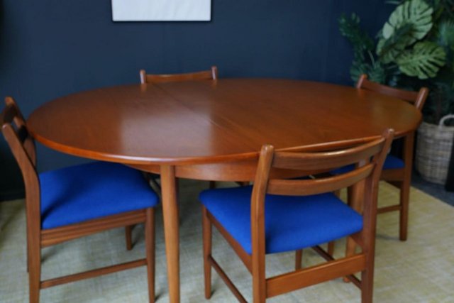 Image 2 of Mid C 1970s Teak Dining Set D-end Table 4 Barback Chairs