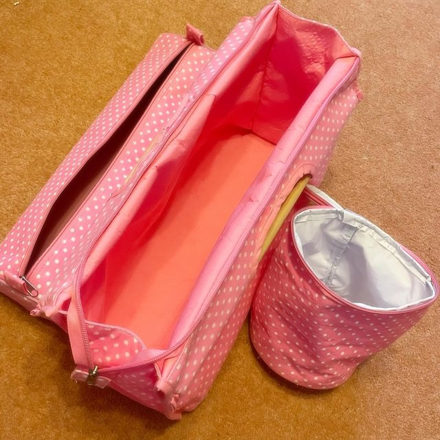 Preview of the first image of Pink & White Spotted Knitting Needles, Yarn, Trio Bag Bundle.