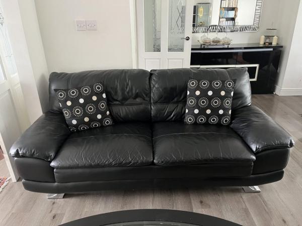 Image 2 of Black leather 3 seater and 2 seater sofa