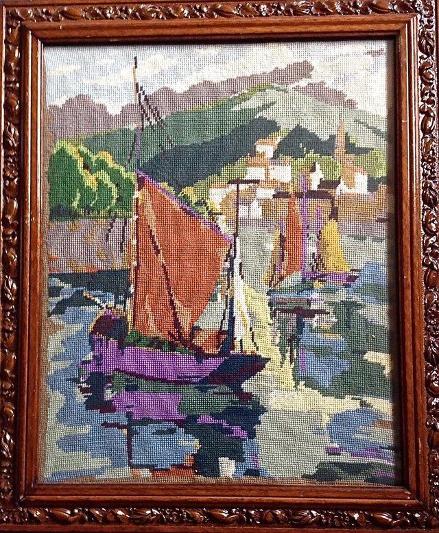Preview of the first image of Hand Embroidered Sailing Boats.Signed & Dated 1948.