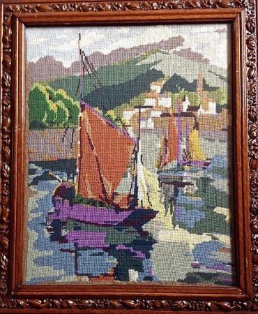 Image 1 of Hand Embroidered Sailing Boats.Signed & Dated 1948