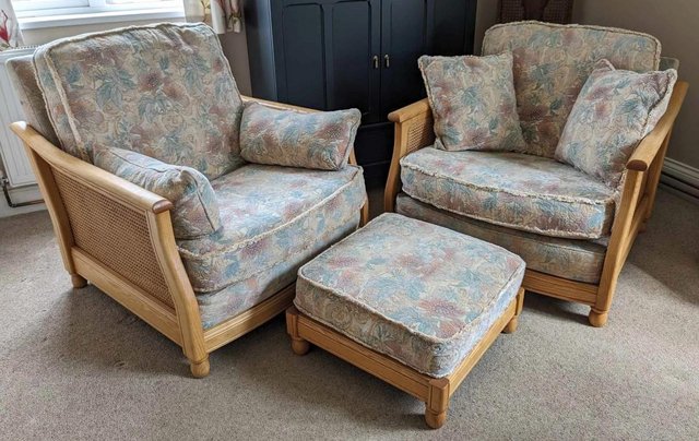 Image 1 of ERCOL - Pair of Ercol Bergere Armchairs & Ercol Footstool