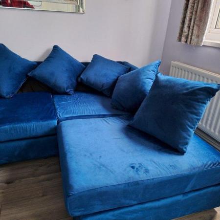 Image 2 of Brand new blue velvet corner sofa. Now reduced in price