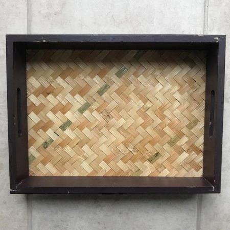 Image 3 of Wooden tray, woven plam leaf inner base. Upcycle, refurb