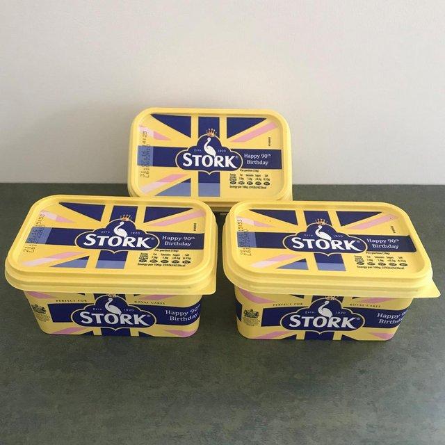 Preview of the first image of 3 Stork Happy 90th Birthday 500g tubs (empty)..