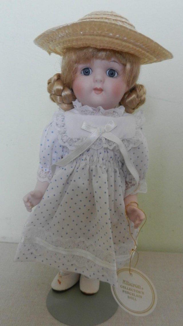 Preview of the first image of Vintage Alberon Collector's Porcelain Doll With Stand & Box.