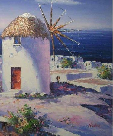 Image 2 of GREECE WINDMILL OIL ON CANVAS WITH FRAME ART PAINTING