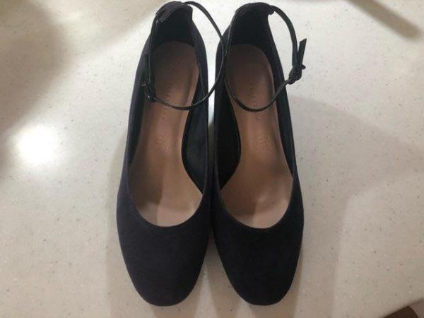 Image 1 of M&S Black Suede Shoes with Black Patent Ankle Strap