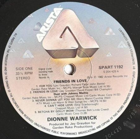Image 2 of Dionne Warwick Friends in Love 1982 A1/B1 1st UK LP. NM/EX+