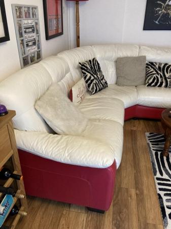 Image 2 of Corner Sofa in red and cream leather, very good condition