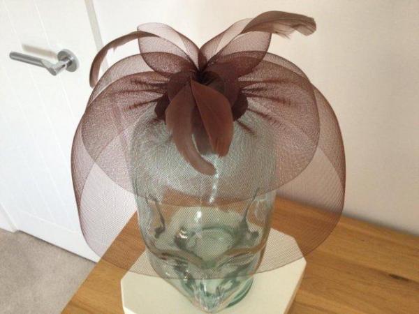 Image 1 of Taupe/Brown fascinator with feathers