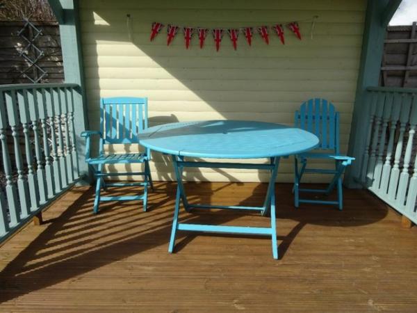 Image 5 of WOODEN FOLDING ROUND PATIO TABLE, CHAIRS AND SUN BROLLEY