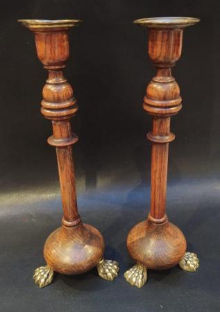 Image 3 of A Rare pair of Charming Antique Oak Candlesticks
