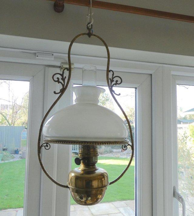 Preview of the first image of Genuine Victorian gallery oil lamp converted to electricity.
