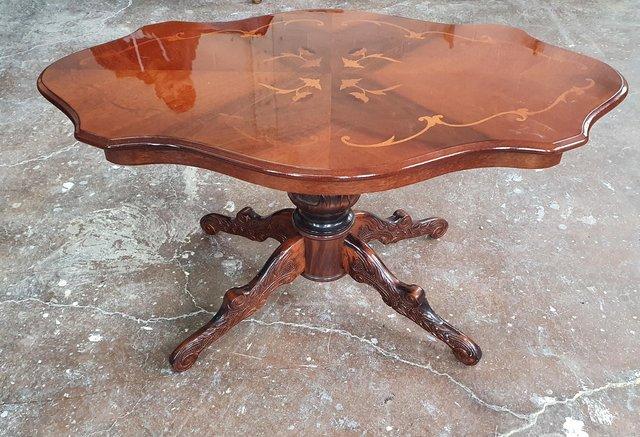 Image 2 of Vintage High Gloss Pedestal Coffee Table with Floral Inlay